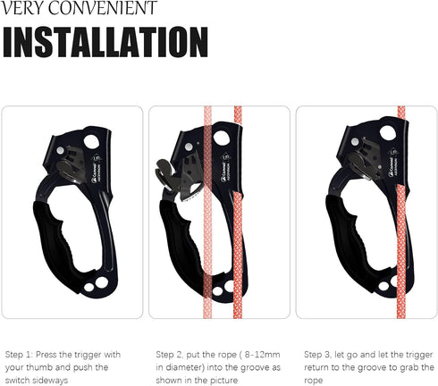 UIAA & CE Certified Climbing Ascender - Hand Ascender with Ergonomic Rubber Handle, Suitable for 8~13mm Ropes