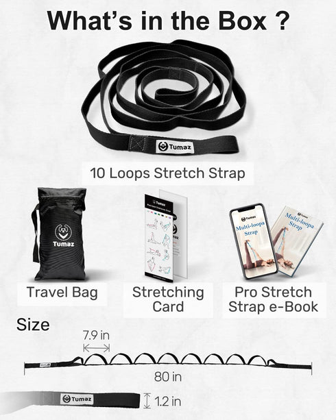 Tumaz Stretching Strap - 10 Loops Non-Elastic Yoga Strap for Physical Therapy, Yoga, Pilates, Flexibility