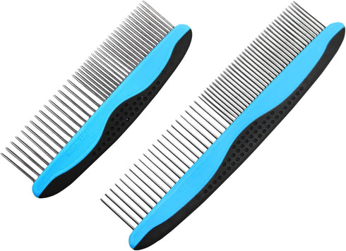 Pets First 2 Pack Dog Comb, Small & Large Comb for Breeds with Anti-Slip Comfort Grip Ergonomic Handle