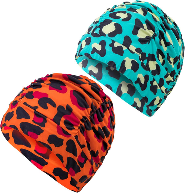 Women Swimming Cap 2Pcs Non-Waterproof Fabric Pleated Elastic Bathing Caps for Swim