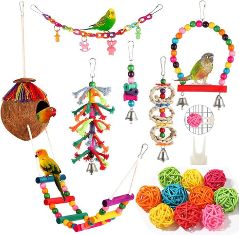 Bird Toys 17 Pcs Hanging Chewing Toys, Climbing Ladder Coconut Bird Cage Toys for Cockatiels, Conures, Finches, Budgies