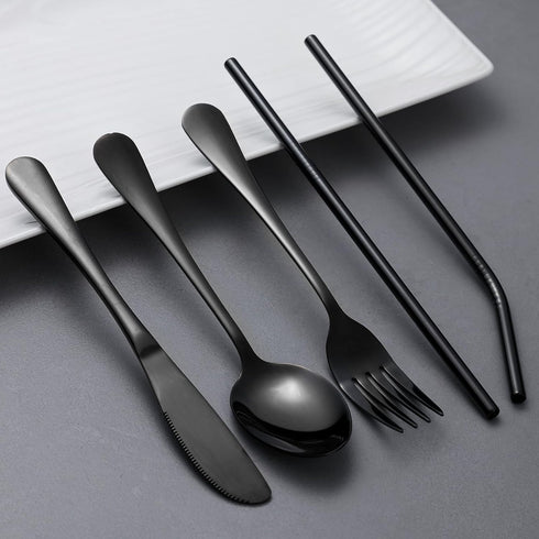 Portable 4pcs Utensils Set with Case, Stainless Steel Reusable Silverware for Lunch, Camping, School, Travel (Grey).