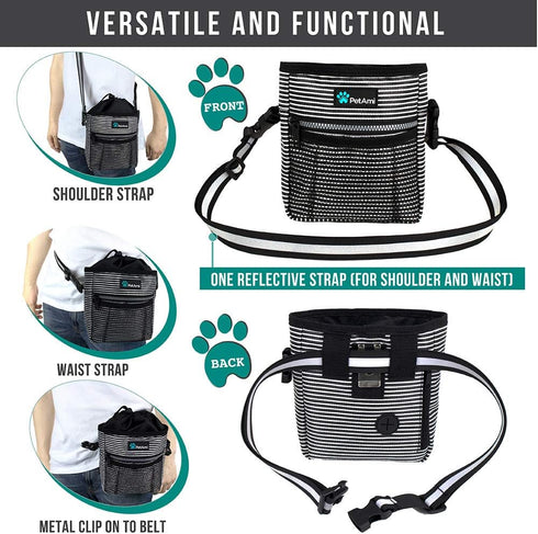 PetAmi Dog Treat Pouch, Training Bag Holder for Kibbles, Pet Food Toy, Poop Bag Dispenser (Black Stripes)