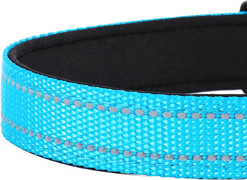 Reflective Dog Collar, Adjustable Soft Neoprene Padded Nylon Collars with Buckle for Large Dogs, Sky Blue, L
