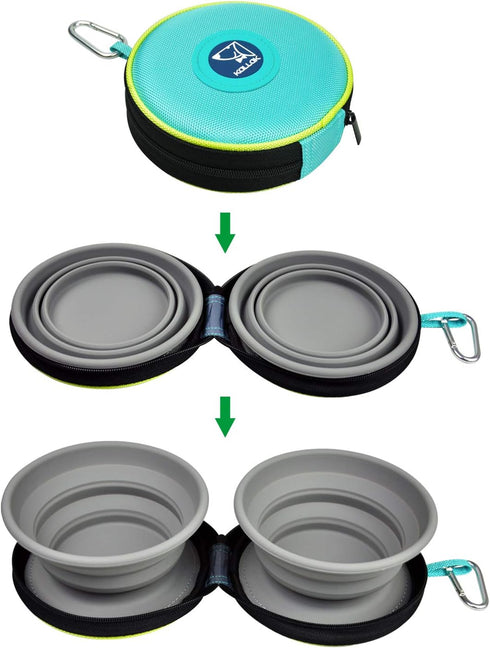 Portable 2 in 1 Pet Bowls with Zipper Carrying Case - Collapsible Double Travel Dog Bowls