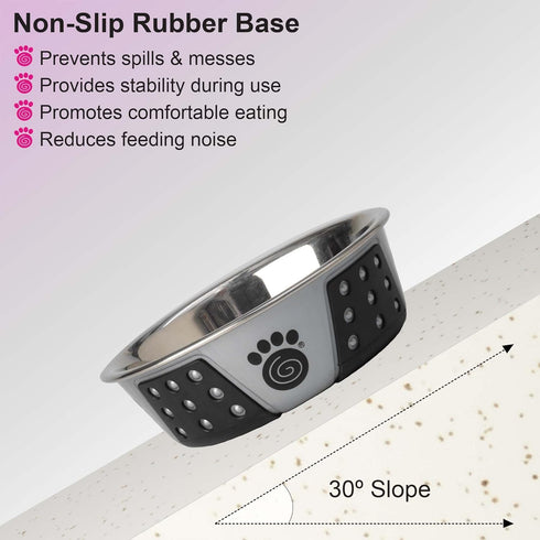 PetRageous 13097 Fiji Stainless Steel Non-Slip Dog Bowl 1.75-Cup Capacity, 5.5-inch Diameter, Light Grey and Black