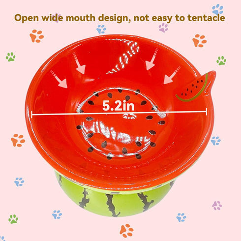 Hamiledyi 5In Elevated Wide Ceramic Cat Bowl for Food and Water, Anti Vomiting Tilted Pet Feeder Dish (Watermelon)
