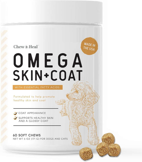 Salmon Oil for Dogs - 60 Soft Chew Omega Treats for Skin and Coat, Fish Oil Blend of Essential Fatty Acids, Made in USA