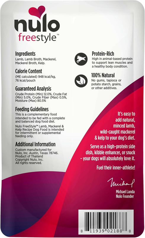2.8 (Pack 24) Nulo Freestyle Lamb, Mackerel, & Kelp in Broth Real Meat Dog Food Topper, Ounce