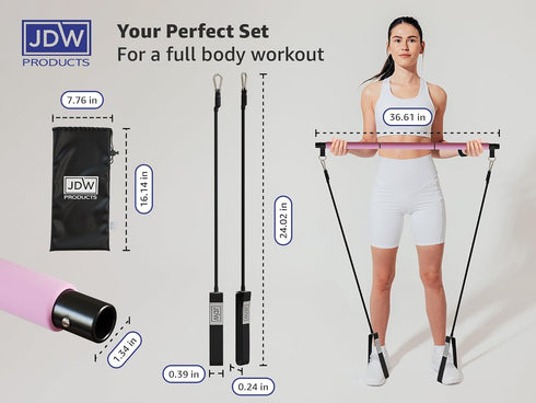 JDW Enterprises Pilates Bar Kit, 2 Standard & 2 Strong Bands for Full-Body Workout, Storage Bag Included