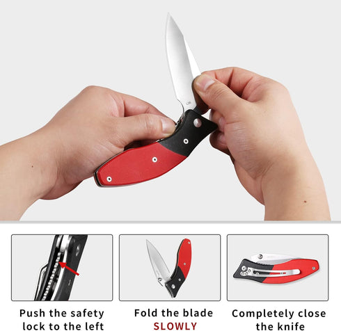 Folding Pocket Knife with 3" 8CR13MOV Blade, Black and Red G10 Handle, Safety Liner Lock for Outdoor Gear
