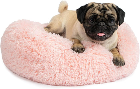 Best Pet Supplies Round Donut Dog Bed, Plush Faux Fur Anti-Anxiety Cushion for Indoor Pets, Slip-Resistant Base, Pink,