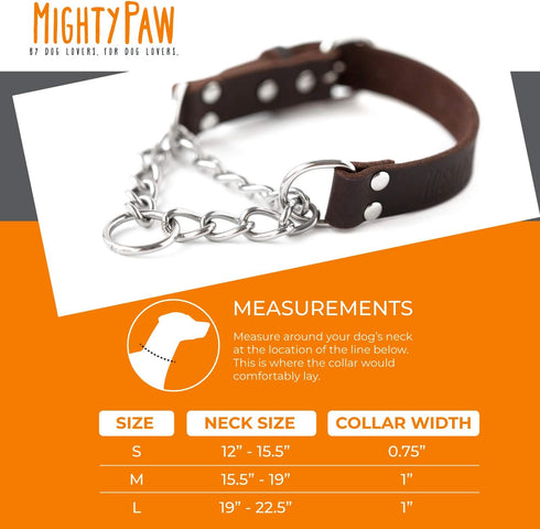 Mighty Paw Martingale Dog Collar - No Pull Design, Stainless Steel Chain, Brown Leather Martingale Training Collar