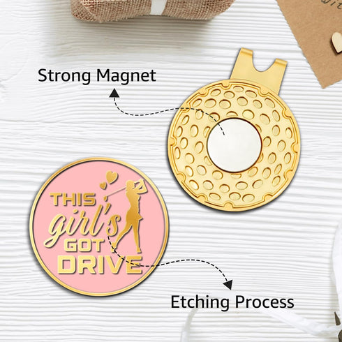 Hafhue Pink Gold Golf Ball Marker with Hat Clip - Funny Golf Accessories for Women, Gifts for Golf Lovers