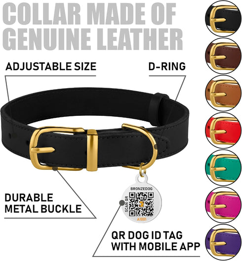 BRONZEDOG Leather Dog Collar with Metal Buckle, Durable Basic Pet Collars for Small Medium Large Dogs