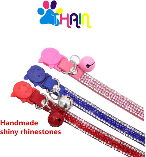 THAIN Basic Adjustable Cat Collar, Bling Diamond Breakaway with Bell, Blue