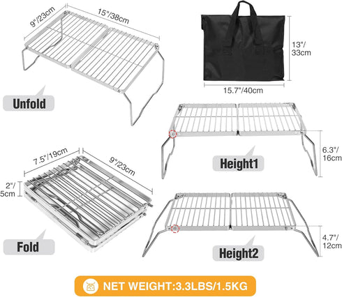 REDCAMP 304 Stainless Steel Folding Campfire Grill, Adjustable Height Portable Camping Grill with Carrying Bag