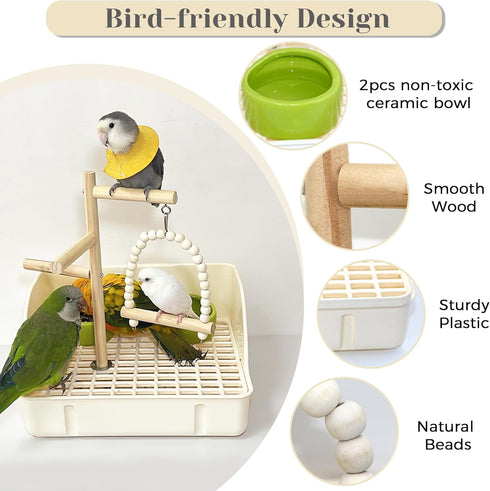 3 1 in Bird Playground Stand Tabletop with Large Tray, Wooden Bird Play Stand Large, Parrot Perch Stand with Food