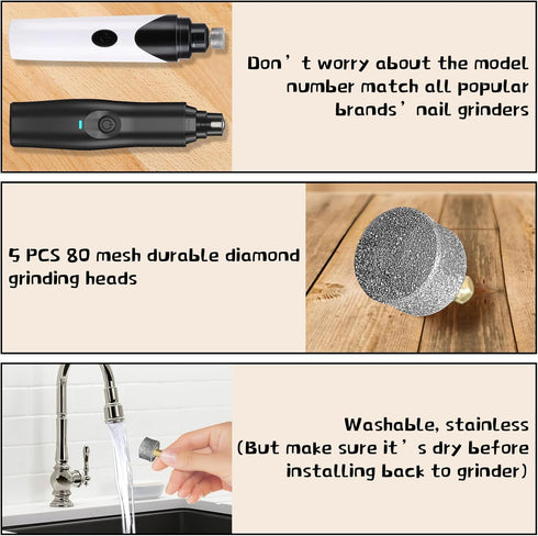 5Pcs Dog Nail Grinder Diamond Tip Replacement Heads, Replaceable Paws Grooming Accessories