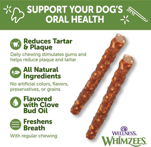 14.81 oz 28 Count Wellness WHIMZEES Veggie Sausage Dog Dental Treat, Chews, Freshens Breath, Small Size, Bag