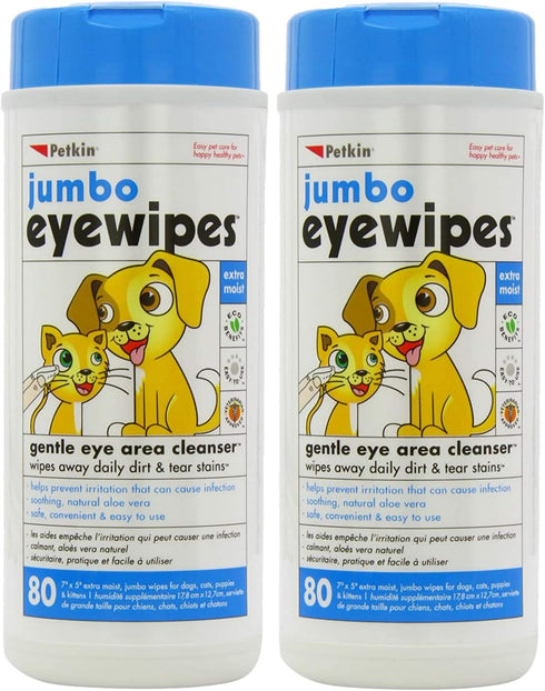Petkin Jumbo Pet Eye Wipes, 80 Extra Moist Wipes, 2 Pack - Natural Formula for Dirt, Discharge, Tear Stains