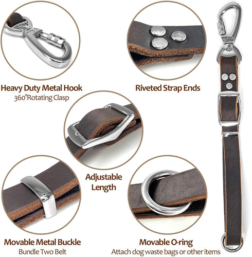 Leather Short Dog Leash, Adjustable Length, Extra Thick Genuine Heavy-Duty Handmade with Extension Function (Width: