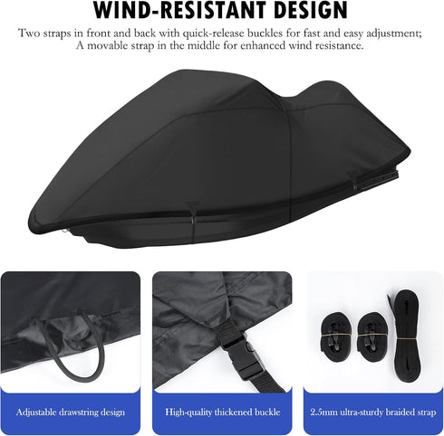 Heavy Duty 420D Waterproof Jet Ski Cover, 136'' to 147'', Adjustable Windproof Strap & Anti-UV for