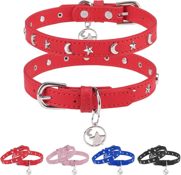 Leather Dog Collar for Puppy Small Medium Dogs, Adjustable Star and Moon Studded with Rust-Proof Metal Buckle, 11-14"