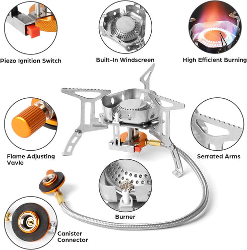 Odoland 3500W/6800W Windproof Camp Stove with Fuel Canister Adapter, Portable Collapsible Burner