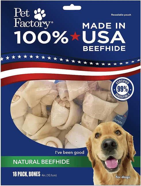 Pet Factory 100% Made in USA Beefhide Dog Chew Treats, 4" Knotted Bones, Natural Flavor, 18 Count/1 Pack.