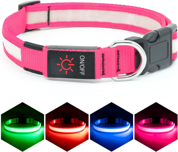 LED Dog Collar, Adjustable USB Rechargeable Light Up Collar, Super Bright Glowing Safety Collars for Dogs (Medium, Pink)