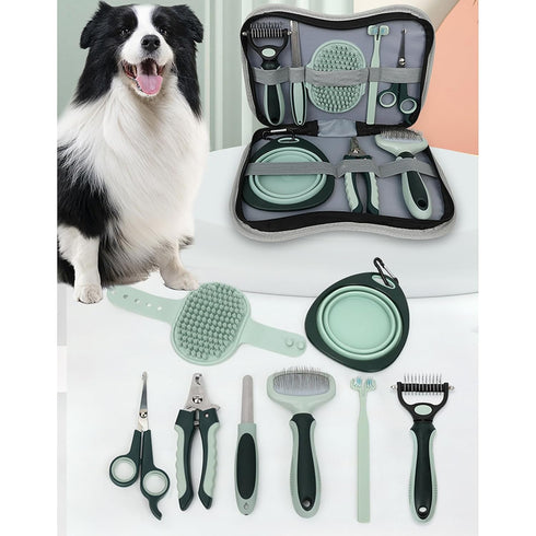 Soghot 8pcs Grooming Brush Kit for Shedding Matted Fur Self-Cleaning with Cat Dog Grooming Scissors Flea Comb Pet