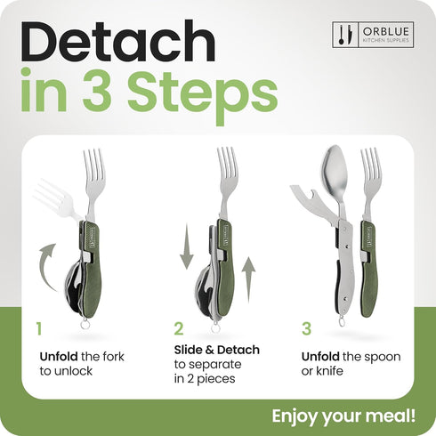 Orblue 4-in-1 Camping Eating Utensils, 2-Pack - Portable Spoon, Fork, Knife & Bottle Opener Combo Set - Stainless Steel