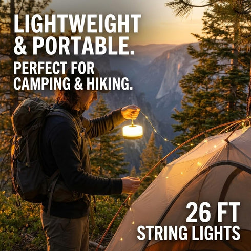 3-in-1 5 1-Hour 26ft Brightz Lantern Reel Light Rechargeable Camping Lantern & Retractable String Lights, Weather