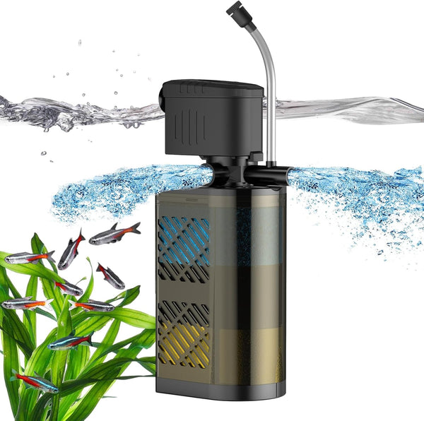 Submersible 3-Stage Aquarium Filter for Fish Tank, Turtle Filter with Aeration & Dual Water Outlet for 10-40 GAL