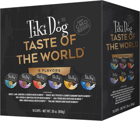 Tiki Dog Taste of The World Whole Food, Variety Pack of Gourmet Flavors in Broth - 3 Oz Cups, Pack of 10