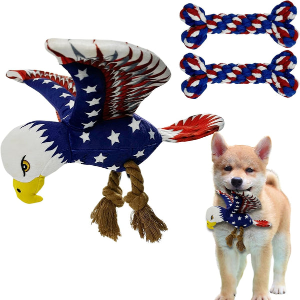 3 pcs Independence Day Pet Squeaky Toys, Plush Bald Eagle Toy with Crumpled Paper Squeaky Dog Interactive Toy for Small