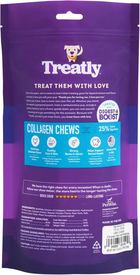 USA Collagen Braids Assorted Dog Chew Treats - Chicken Marinade Flavor, 10oz/1 Pack