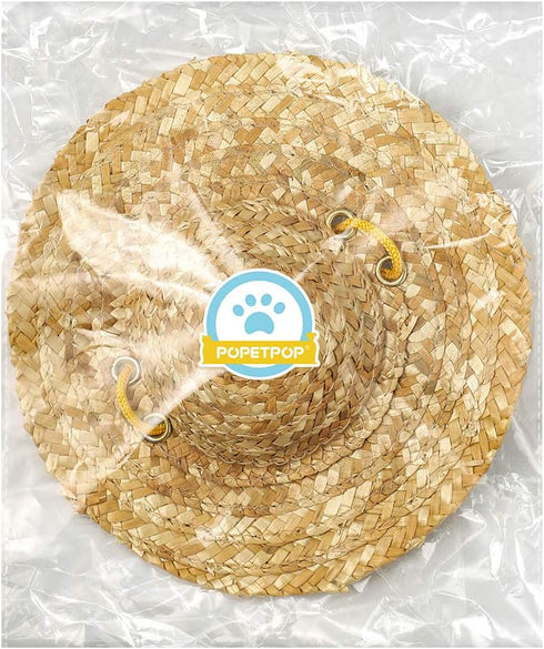 Popetpop Adjustable Pet Straw Hat, Sun Protection for Small Dogs and Cats, Garden Beach Cap (Khaki, Size S)