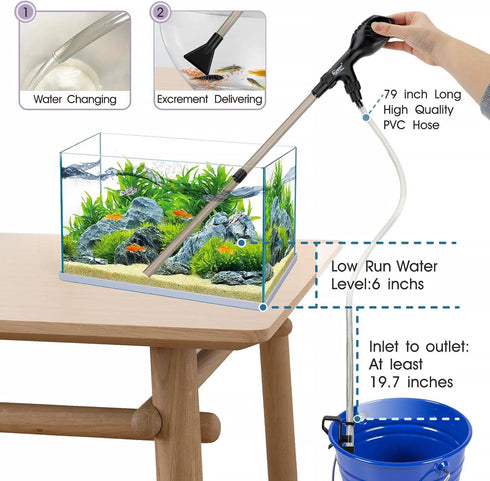 hygger Small Gravel Vacuum for Aquarium, Manual 80GPH Cleaner, Low Water Level Changer with Adjustable Length