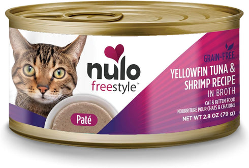 2.8oz 12 Pack Nulo Wet Cat Food Pate - Yellowfin Tuna & Shrimp, High Protein, Grain-Free, Canned Cat Food, Hydration