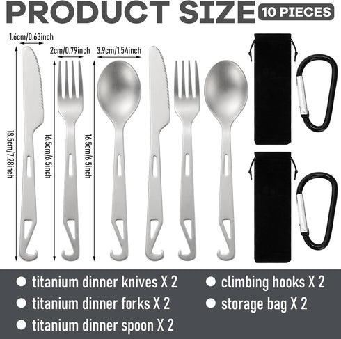 Hushee 6 Set Backpacking Set Pcs Titanium Flatware Knife Fork Spoon Ultralight Camping Spoon Fork Camping Utensil
