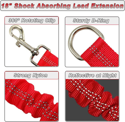 Short Dog Leash Extender - 18 in Bungee Shock Absorbing Nylon Leash for Medium to Large Dogs, Walking & Training (Red)