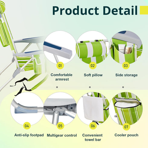 Pinikuyiro Backpack 5-Position Folding Beach Chairs,Portable Lay Flat Foldable Chair with Cup Holder and Towel Bars