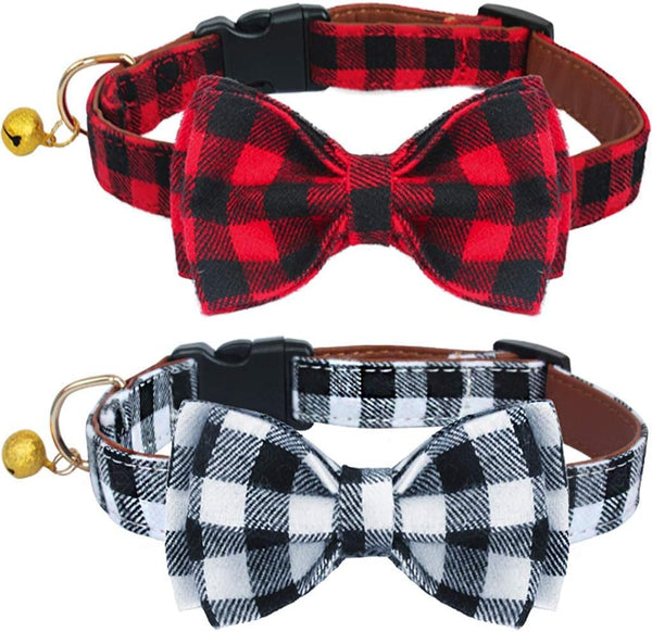 KUDES Adjustable Plaid Dog Collar with Bow, 2 Pack Set, Best Pet Gift for Small, Medium, and Large Dogs, Red & Black