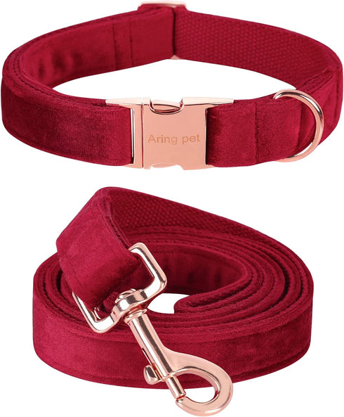 ARING PET Velvet Dog Collar Set, Cute Adjustable Christmas Red Collar and Leash with Metal Buckle for Small, Medium,