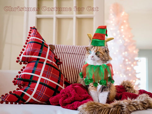 Vehomy Cat Christmas Costume, Elf Hat and Bell Collar Xmas Pet Costume Accessories for Cat and Puppy, 2Pcs