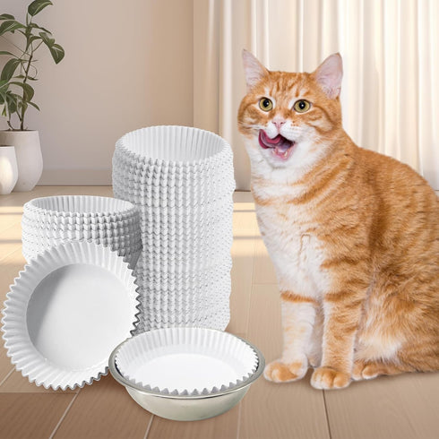 300PCS Disposable Cat Food Bowls & 2PCS Stainless Steel Bowls, Small Paper Plates for Cat Dog Feeding