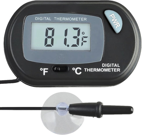 SunGrow Digital Betta Thermometer for Tropical Aquarium Fish, Black Color, 1 pc with Suction Cups and Battery