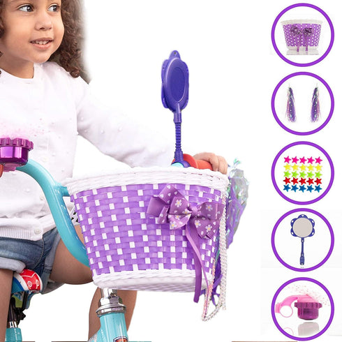 Girl’s Bicycle Decorations Set, Fun Decor with Beads, Rear View Mirror, Water Bottle, Handlebar Streamers & Basket
